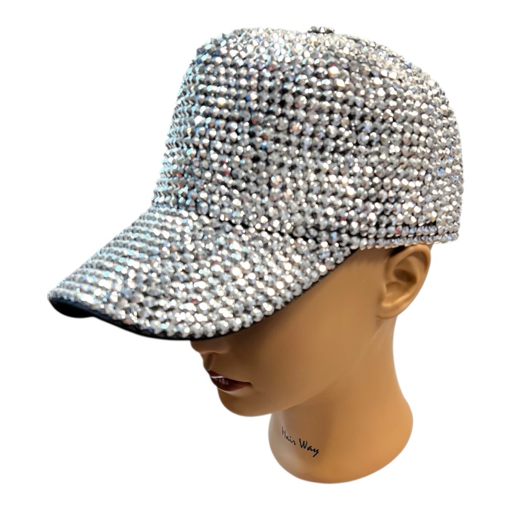 Silver Rhinestone Baseball Ball Cap Studded Bedazzled Statement Hat